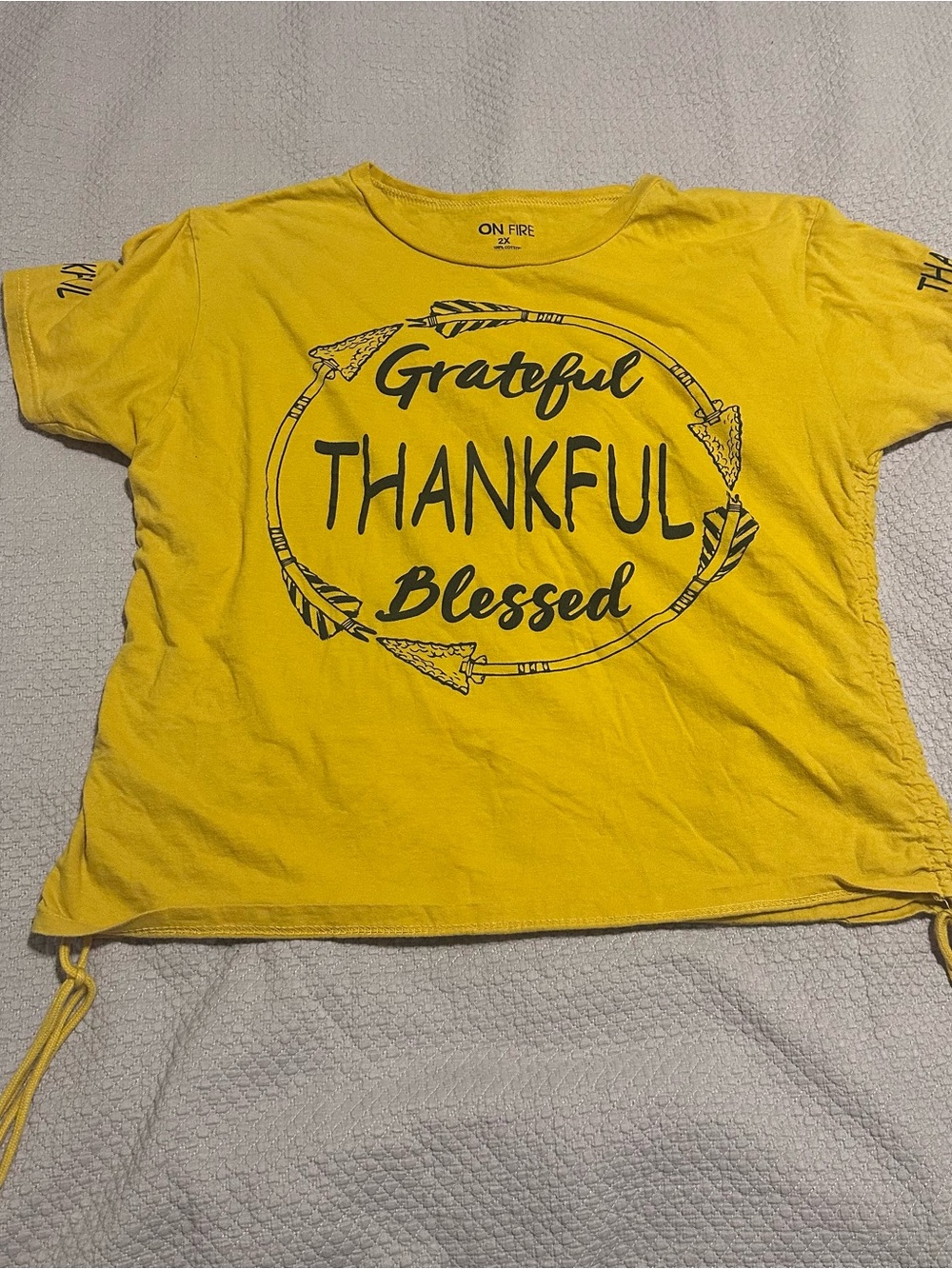 On Fire plus size 2x Yellow Graphic Tee with 'Grateful Thankful Blessed'